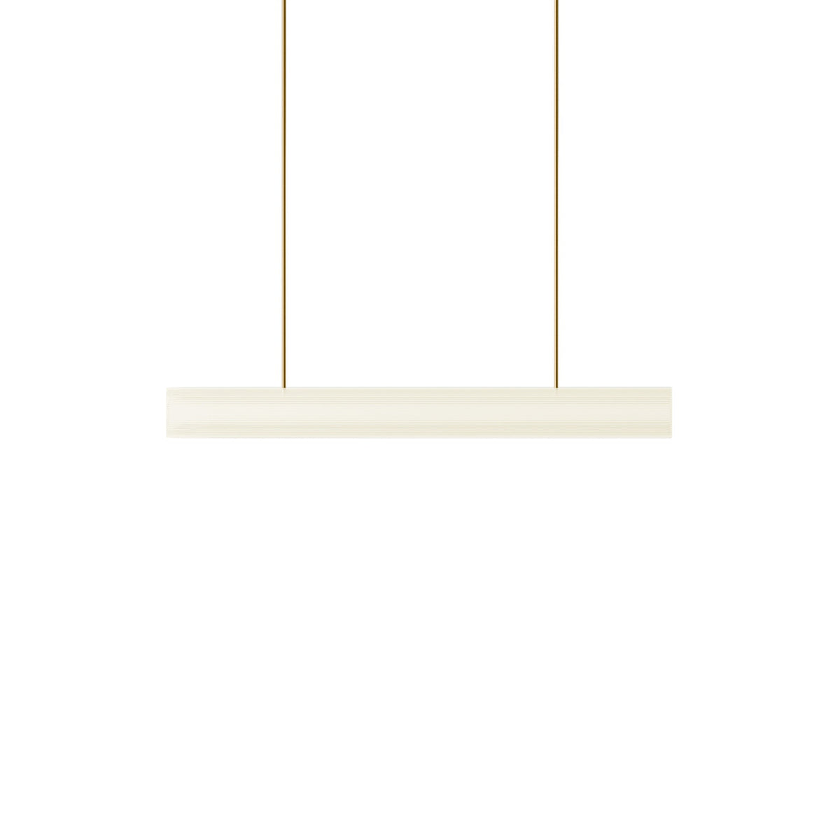 Leverint Temple Medium Rod Pendant in fine ribbed glass, a long horizontal glass bar with very fine ribbing hung from two slim brass coloured rods, studio shot on white