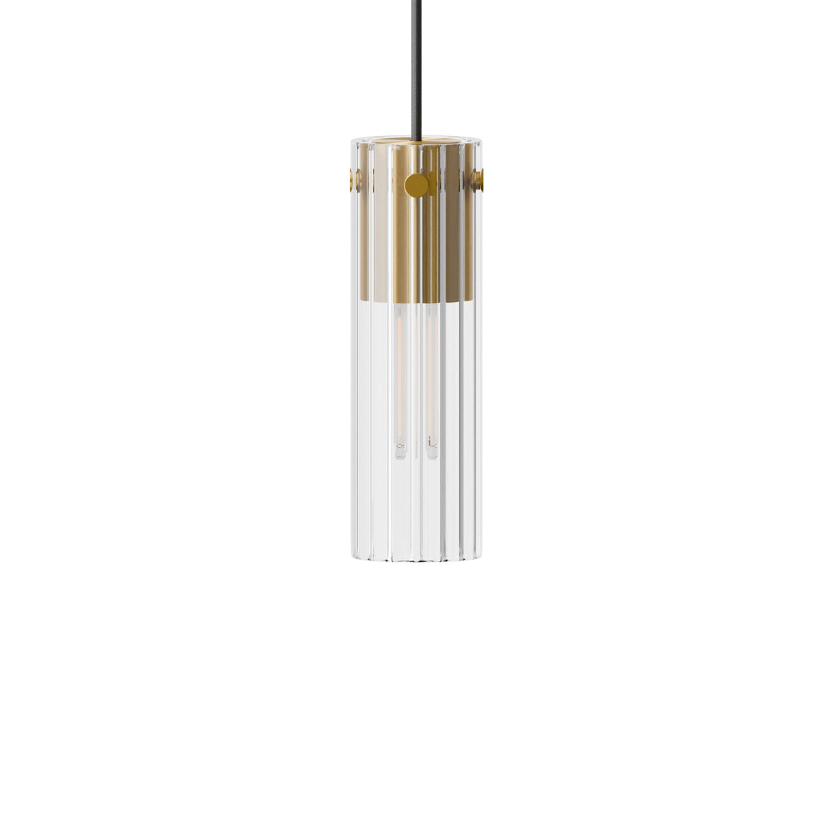 Leverint Temple Small Pendant in ribbed glass with a brass toned collar and black flex, studio shot on white with a slim tube bulb visible inside