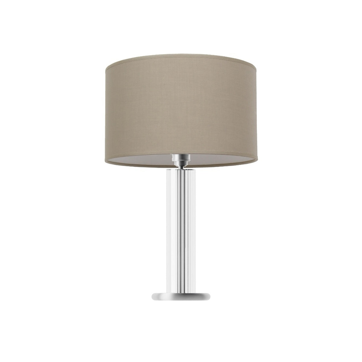 Leverint Temple Tall Table Lamp in ribbed glass, a slim glass column with vertical ribs on a wide polished metal disc, studio shot on white with a taupe drum shade (shade not included)