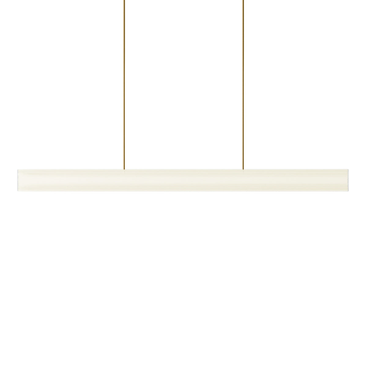 Leverint Temple XL Rod Pendant in fine ribbed glass, a long horizontal glass bar with very fine ribbing hung from two slim brass coloured rods, studio shot on white