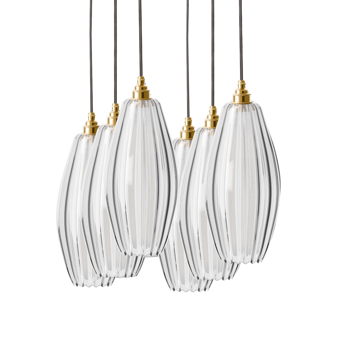 Leverint Victoria Flush Cluster 6 Way, studio shot on white of six slim oval clear glass pendants with fine vertical ribbing, brass lamp holders and dark flex