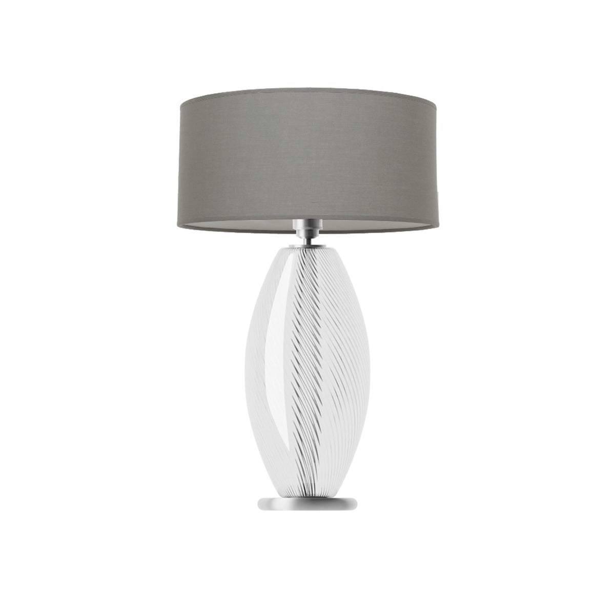 Leverint Victoria Table Lamp in fine ribbed twist glass with fine diagonal ribs spiralling up the oval, studio shot on white with a grey drum shade (not included)