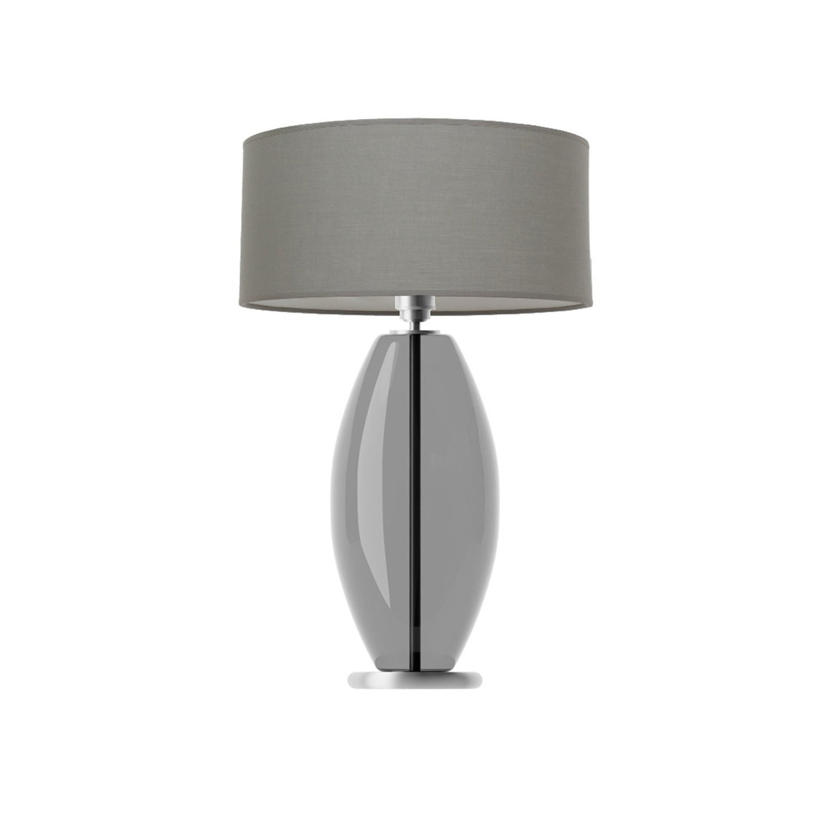 Leverint Victoria Table Lamp in smoky transparent black glass with a polished metal stem visible through the oval body, studio shot on white with a grey drum shade (not included)