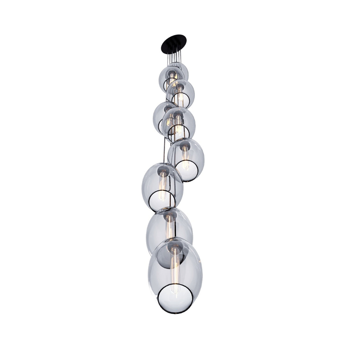 Leverint Victoria Vertical Cluster 9 Way, a tall column of smoked grey glass pendants with dark trim hung from a black ceiling plate, studio shot on white