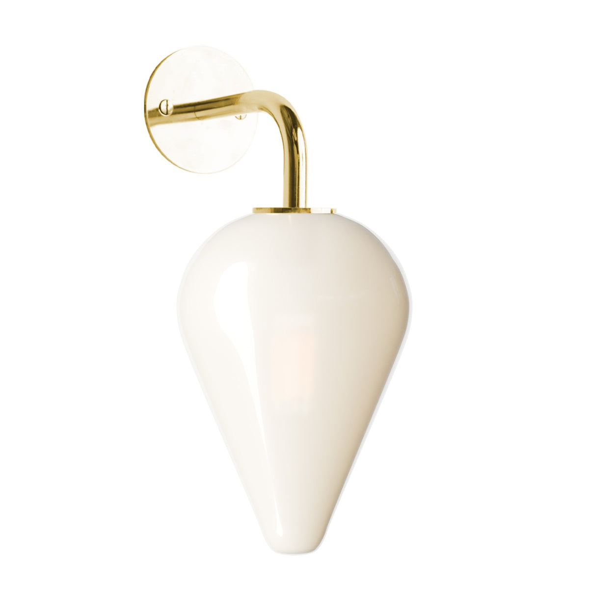 Leverint Waterloo Sealed Wall Light in opaque white glass on a curved polished brass arm, studio image on white