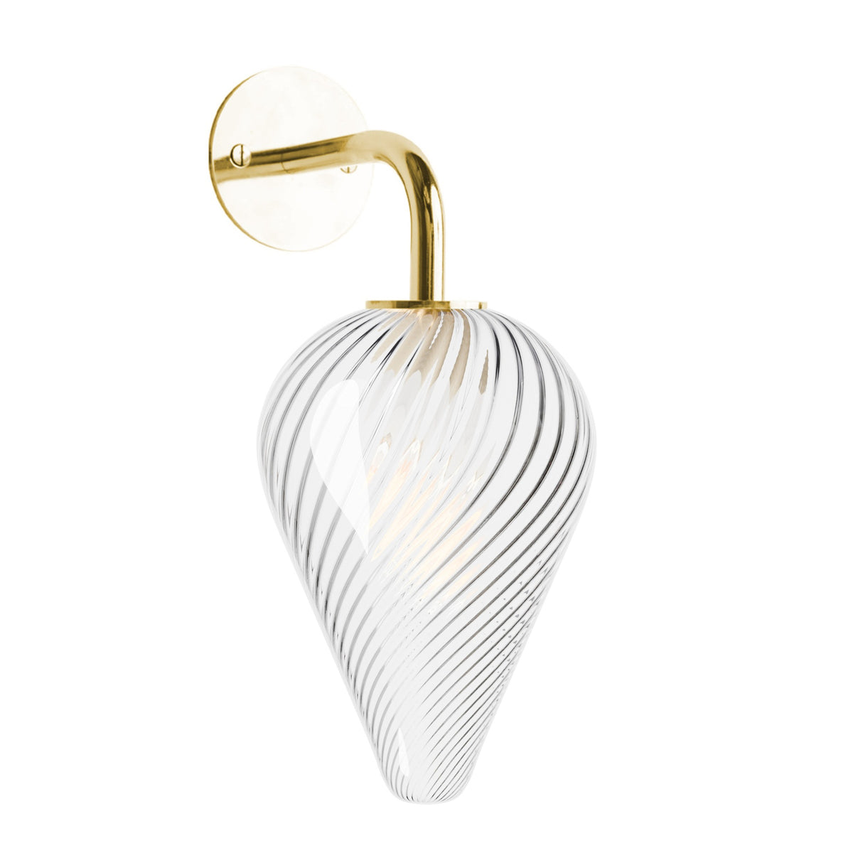 Leverint Waterloo Sealed Wall Light in ribbed twist glass with bold spiral ribs on a curved polished brass arm, studio image on white