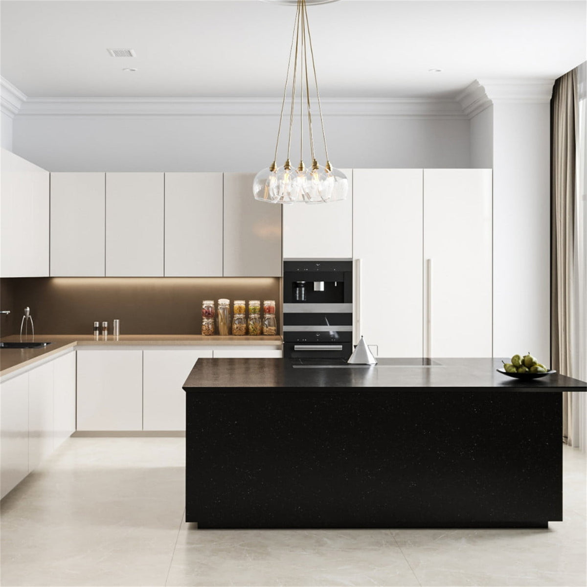 Leverint Wimbledon Bunched Cluster in clear glass with brass toned fittings hung in a white kitchen visualisation with a black island and cream cabinets