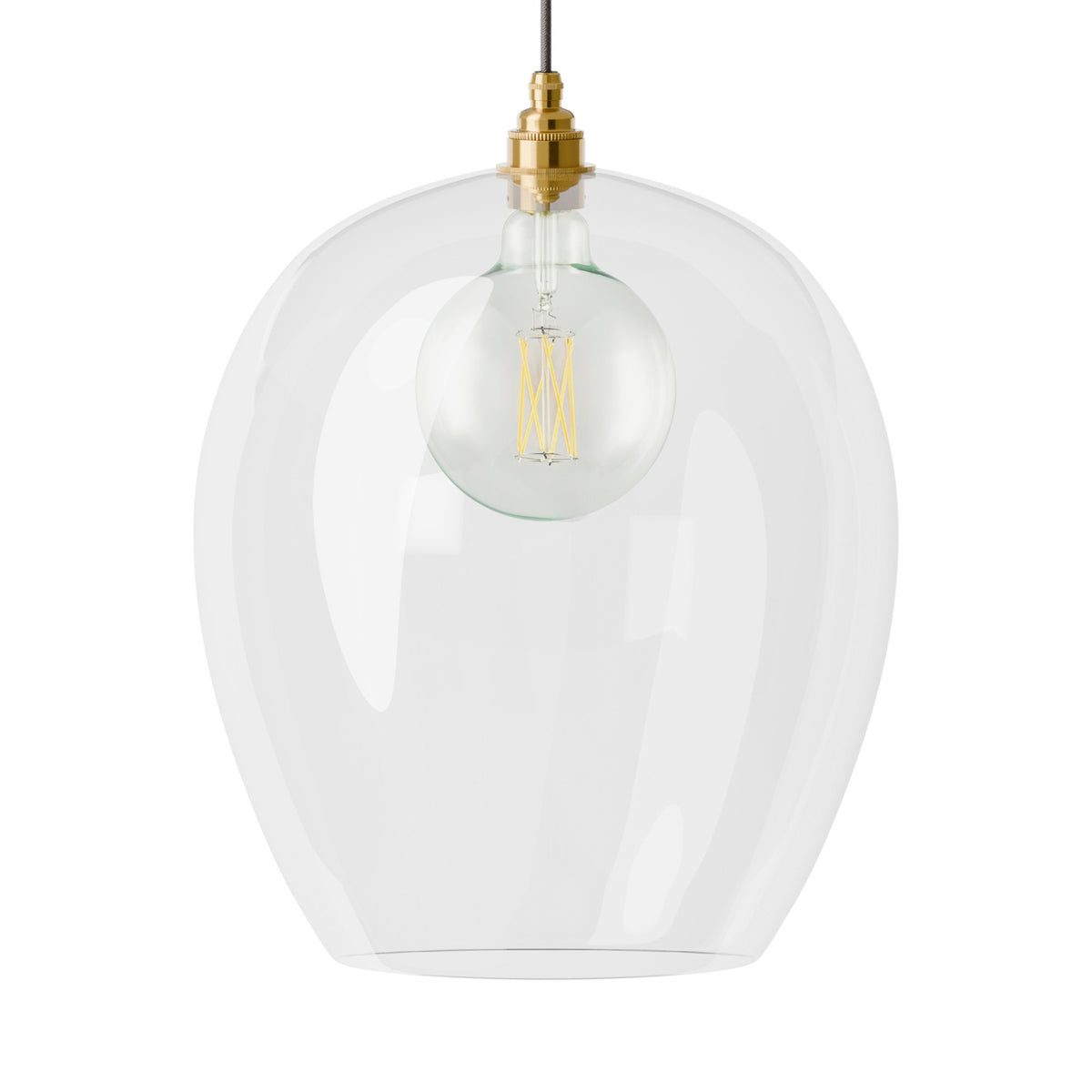 Leverint Wimbledon XL Pendant in clear hand blown glass with a brass toned lampholder, studio shot on white with a large globe filament bulb inside