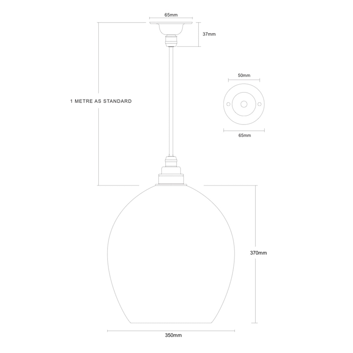 Leverint Wimbledon XL Pendant technical drawing showing 350mm shade diameter, 370mm height, 65mm ceiling rose and 1 metre standard drop