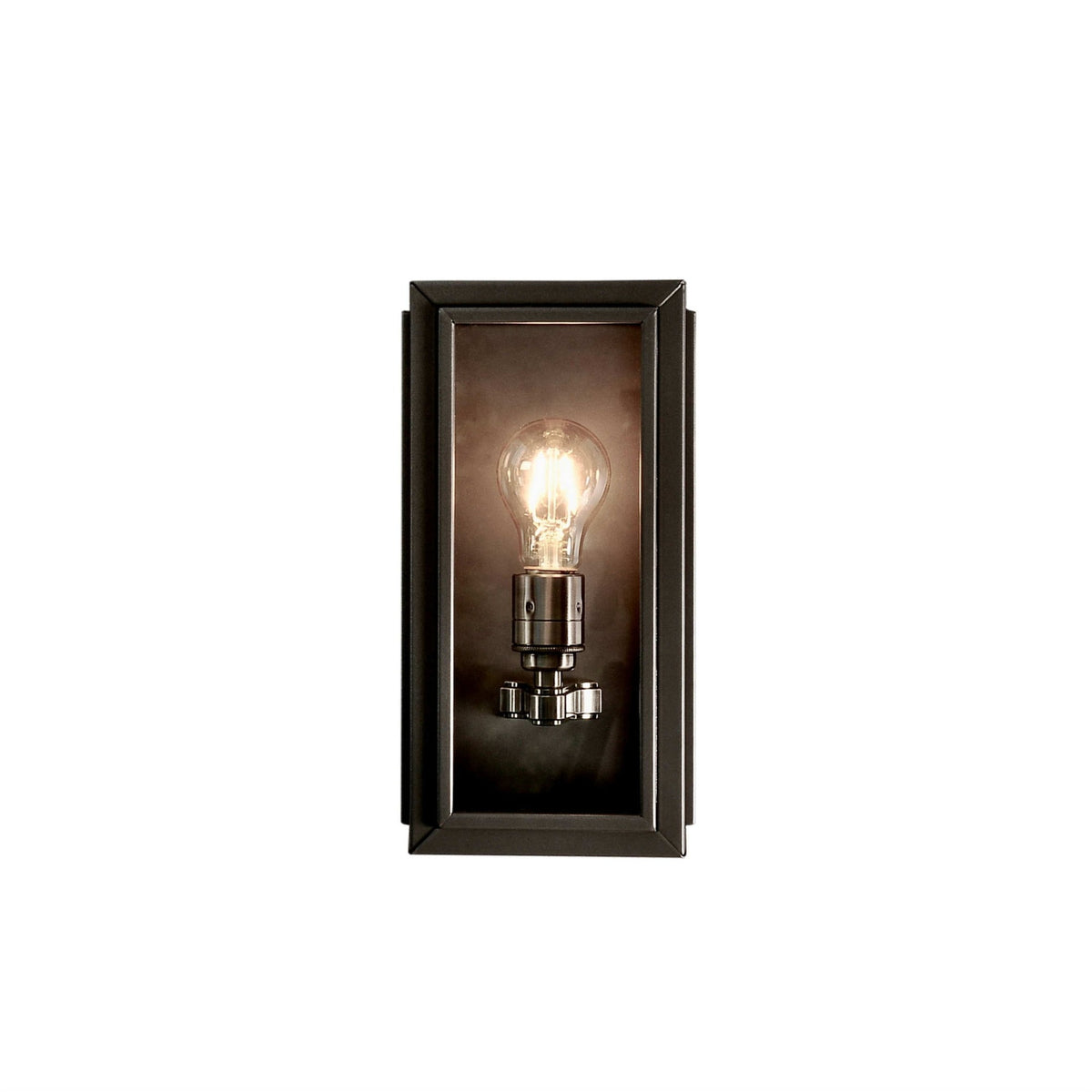 Leverint Windsor Small Wall Lantern in antique black, studio shot on white of the glass fronted box lantern with a lit filament bulb