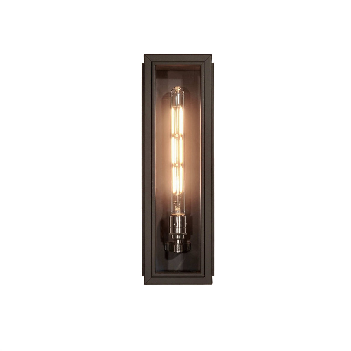 Leverint Windsor Tall Wall Lantern in antique black, studio shot on white of the slim glass fronted box lantern with a lit tube filament bulb