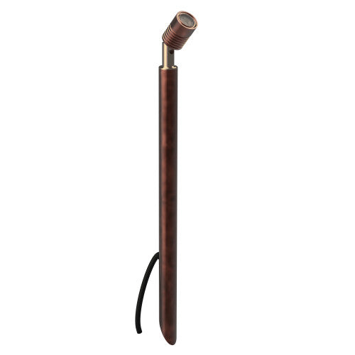 LuxR Modux 4 pole spot in copper, shown with the standard flange head, on a slim copper pole with a pointed ground spike