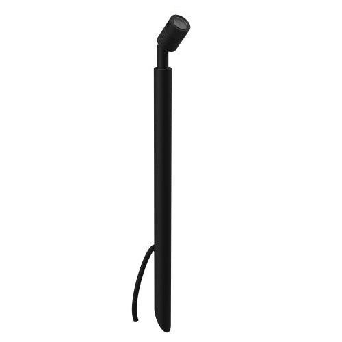 LuxR Modux 1 pole spot in matt black, a small ribbed spot head angled on a slim 400mm pole with a pointed ground spike and cable at the base
