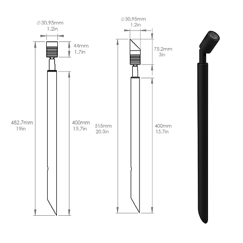 Dimensions drawing for the LuxR Modux 1 pole spot: 30.95mm head diameter, 400mm pole, 482.7mm overall with the standard head and 515mm overall with the glare guard