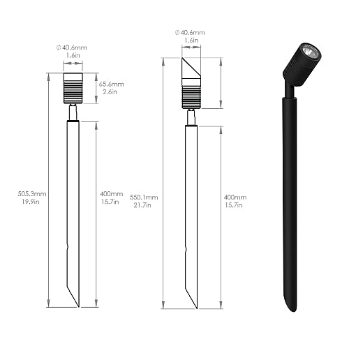 Dimensions drawing for the LuxR Modux 2 and 4 pole spot: 40.6mm head diameter, 400mm pole, 505.3mm overall with the standard head and 550.1mm overall with the glare guard