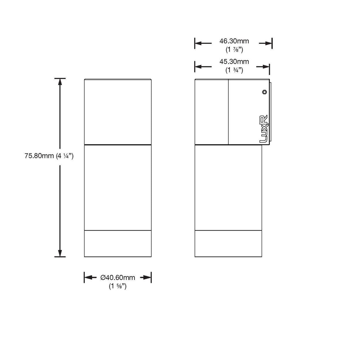 Dimension drawing of the LuxR Modux 2 wall down light, front and side views, 75.8mm high and 40.6mm in diameter