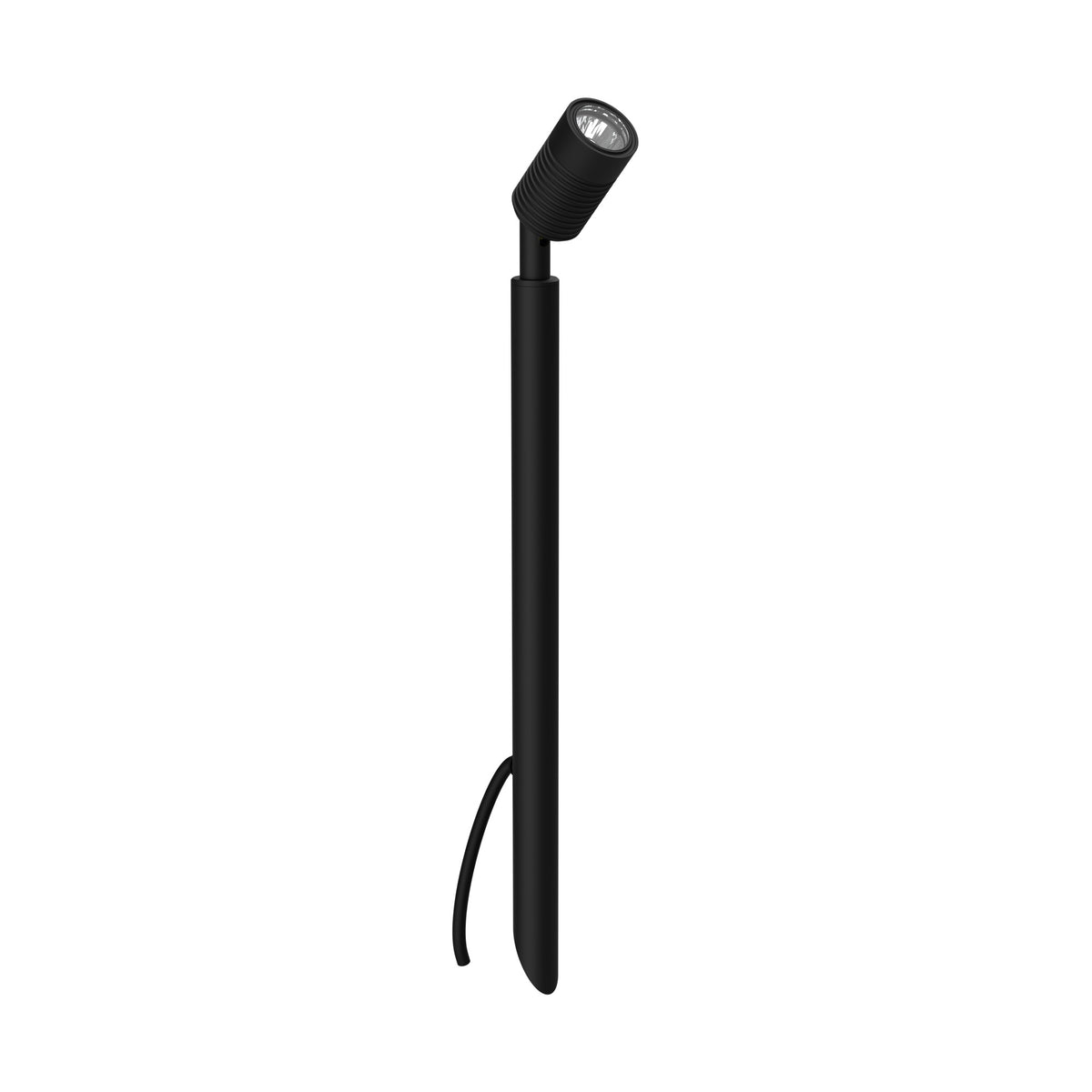 LuxR Modux 2 pole spot in matt black, ribbed spot head angled on a slim 400mm pole with ground spike and cable at base