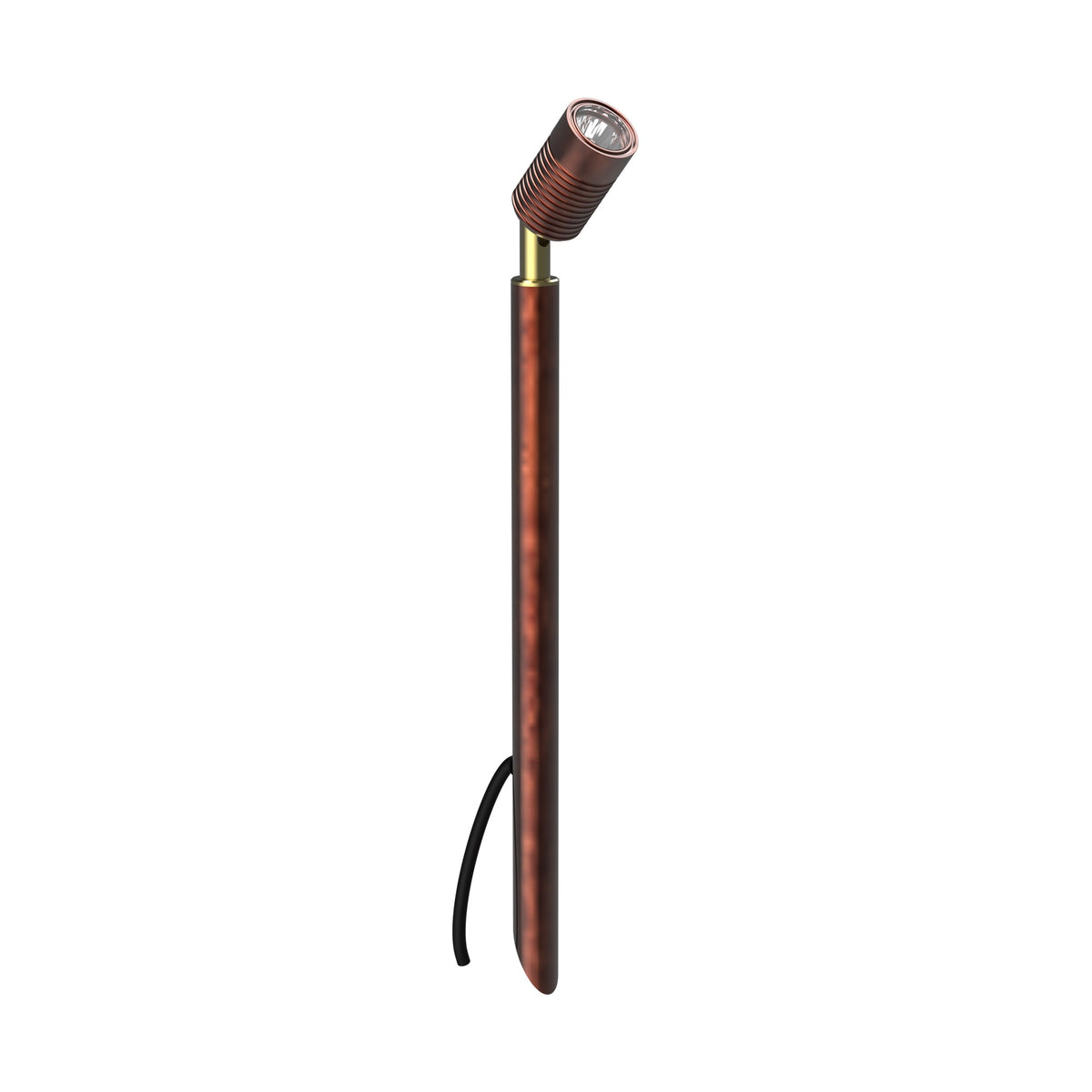 LuxR Modux 4 pole spot in copper, ribbed spot head with brass neck on slim copper pole, ground spike and cable at base