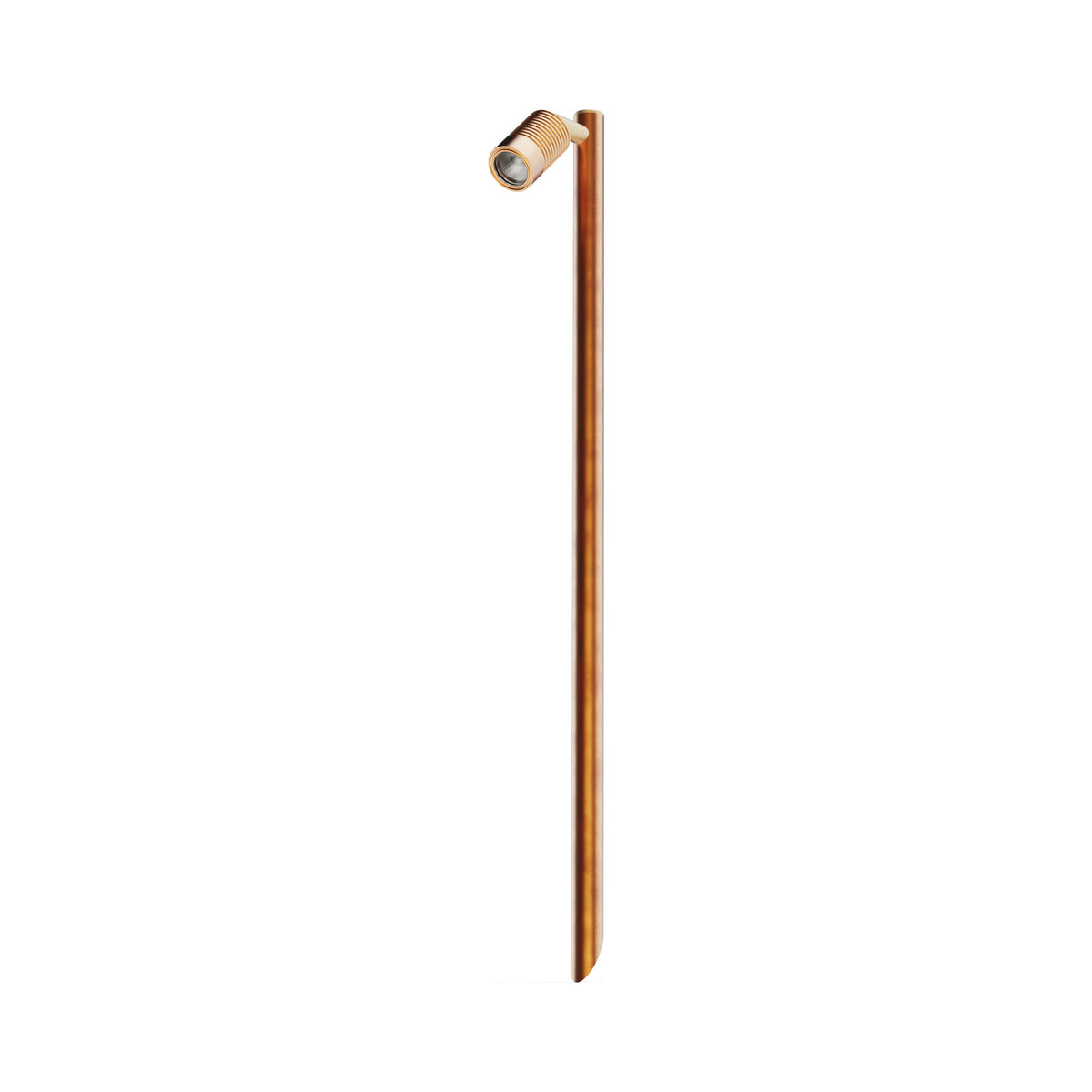 LuxR Modux 1 single pole light in solid copper, a slim ground spike pole with a ribbed spot head on a short side arm at the top