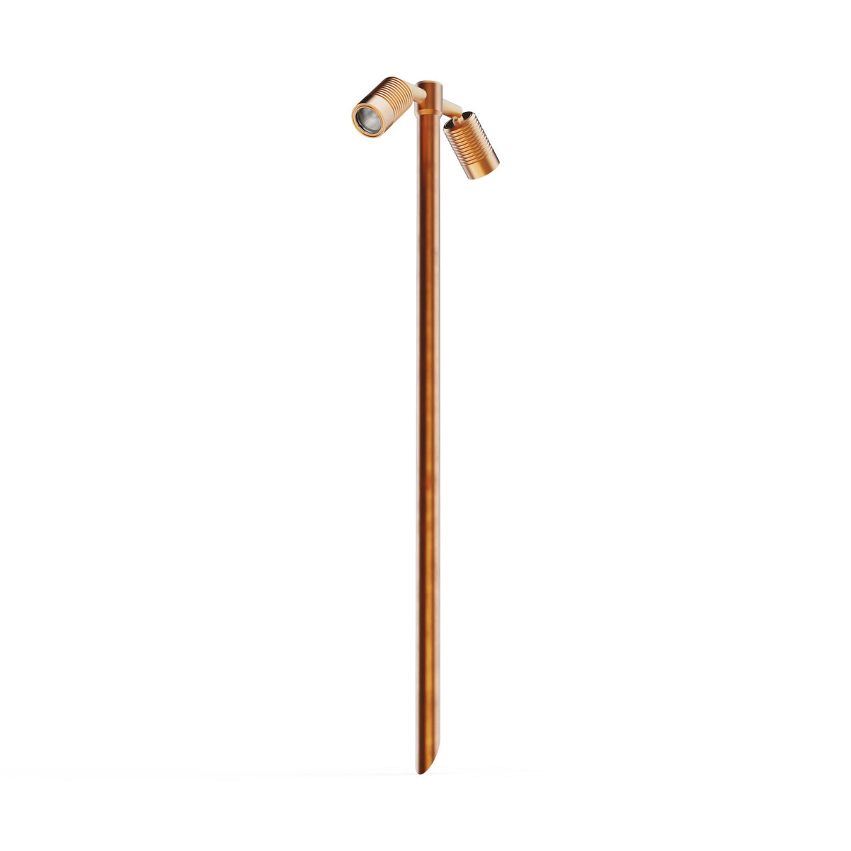 LuxR Modux 1 twin pole light in solid copper, a slim pole with a pointed ground spike and two ribbed spot heads at the top