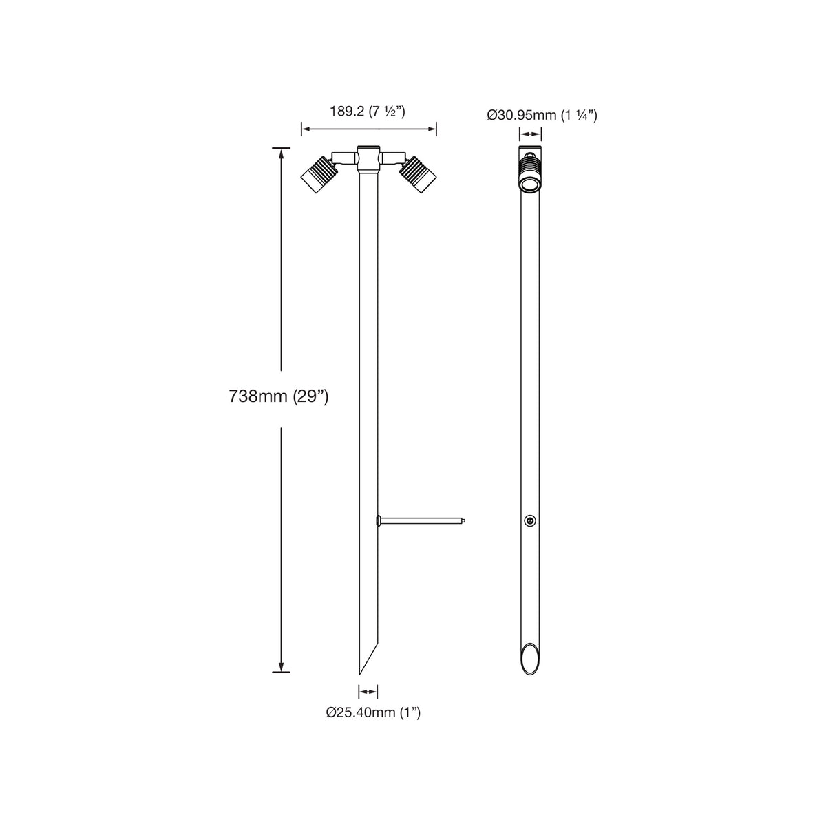 Dimensions drawing for the LuxR Modux 1 twin pole light: 738mm overall height, 189.2 across the heads, 25.40mm pole diameter and 30.95mm head diameter