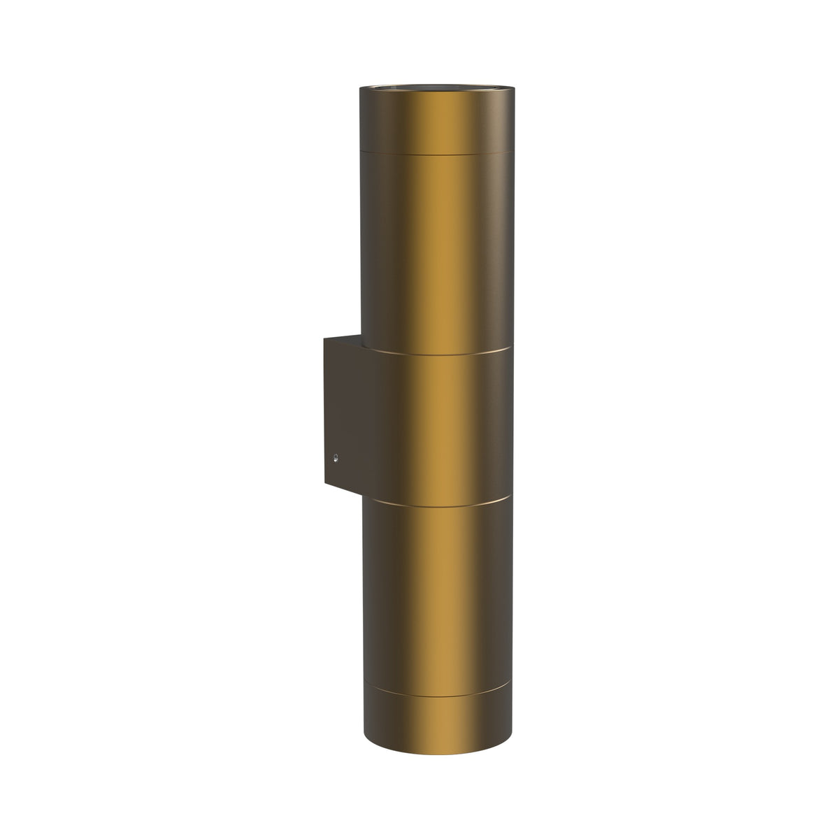 LuxR Modux 2 pillar light in solid brass, a slim twin ended cylinder on a wall mounting plate