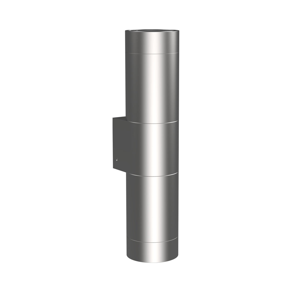 LuxR Modux 2 pillar light in stainless steel, a slim twin ended cylinder on a wall mounting plate