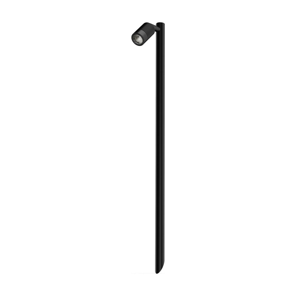 LuxR Modux 2 single pole light in black powder coat, a slim pole with a ribbed adjustable head on a short side arm
