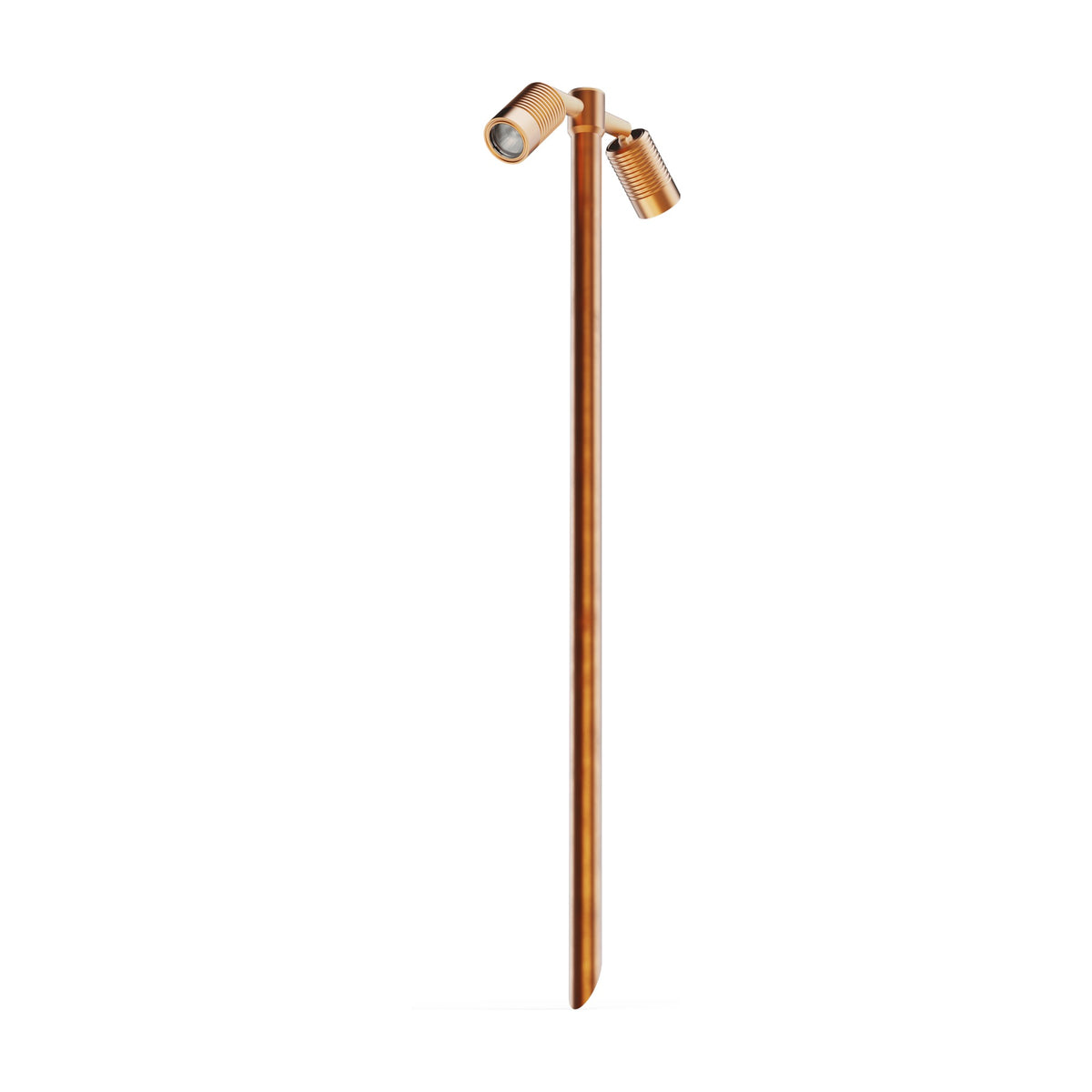 LuxR Modux 2 twin pole light in solid copper, two ribbed adjustable heads on a slim pointed-spike pole