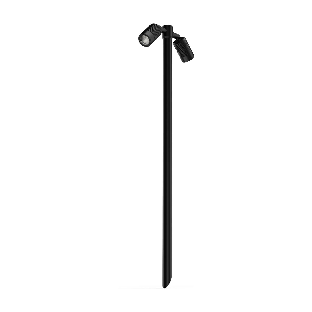 LuxR Modux 2 twin pole light in black powder coated aluminium, two ribbed adjustable heads on a slim pointed-spike pole