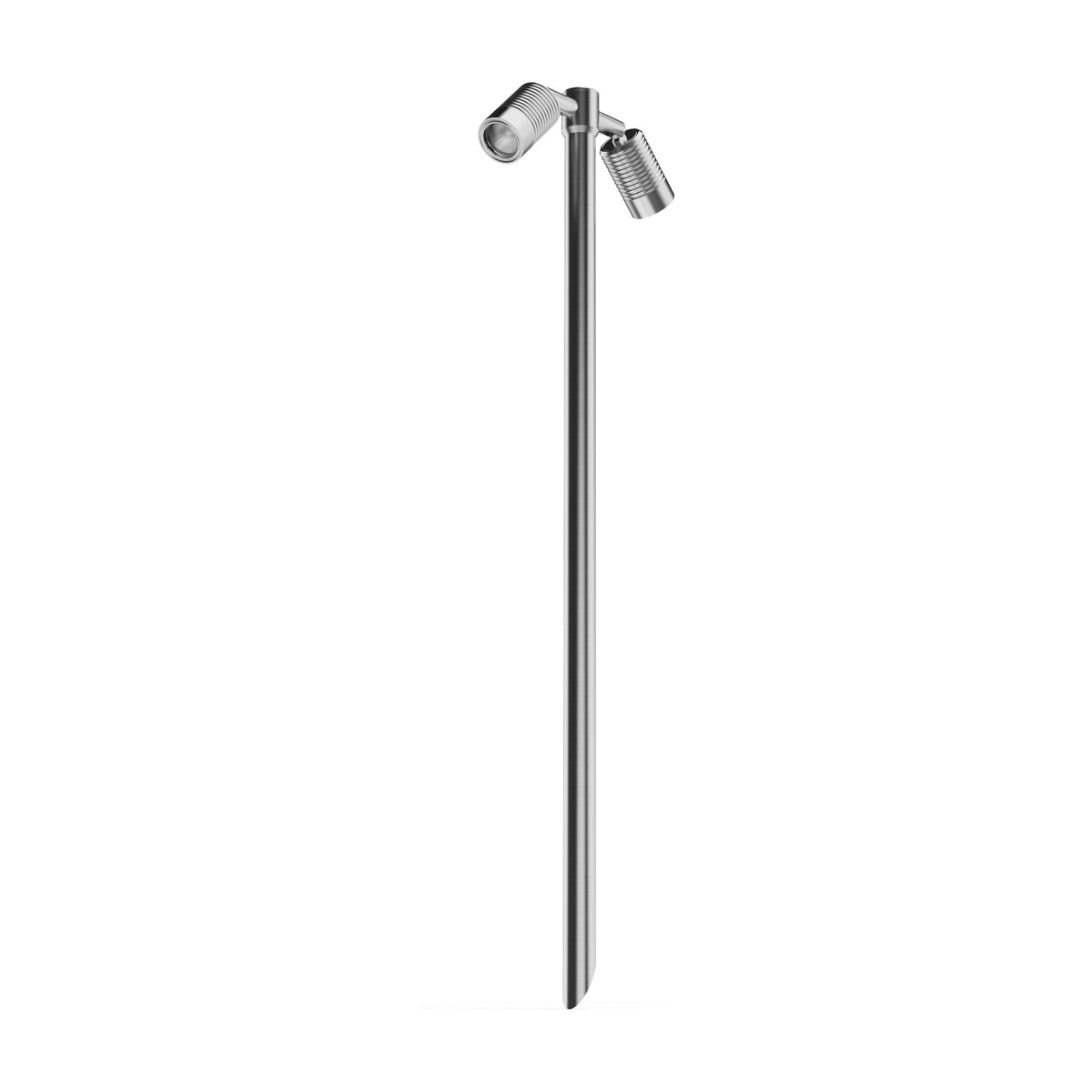 LuxR Modux 2 twin pole light in stainless steel, two ribbed adjustable heads on a slim pointed-spike pole