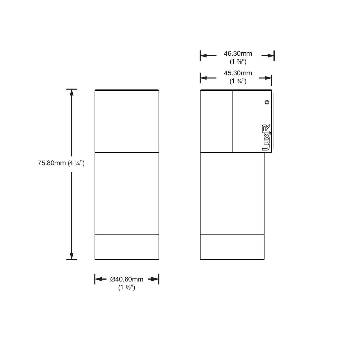 Dimension drawing of the LuxR Modux 2 wall down light, front and side views, 75.8mm high and 40.6mm in diameter