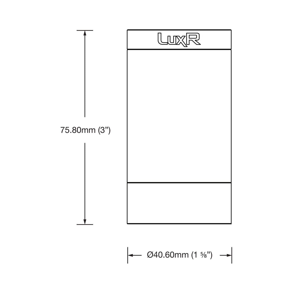 Dimension drawing of the LuxR Modux 4 ceiling mount, 75.80mm high and 40.60mm in diameter