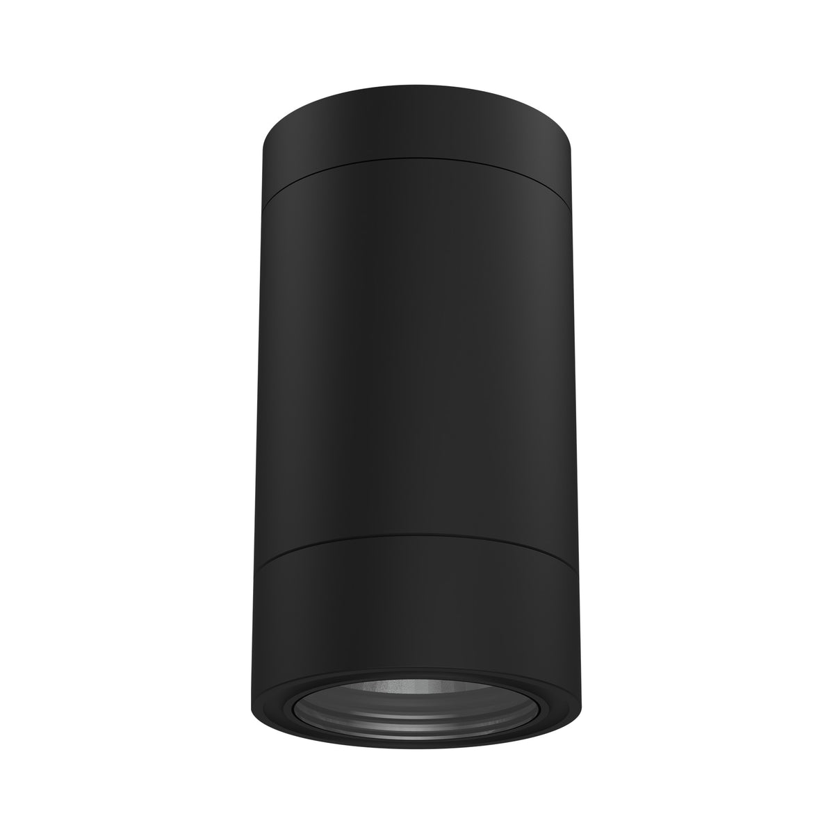 LuxR Modux 4 ceiling mount in matt black powder coat, a slim cylinder with a lens in the base