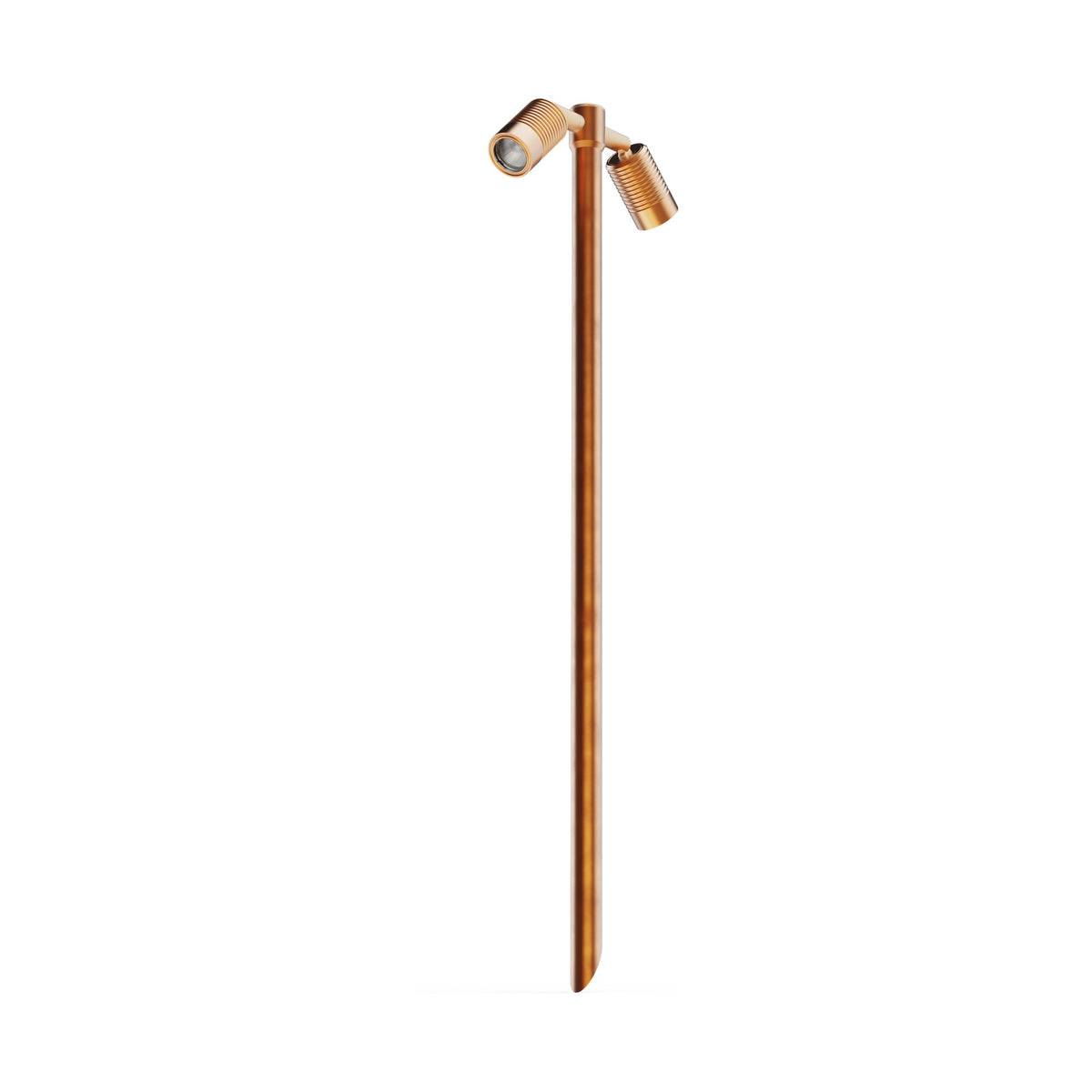 LuxR Modux 4 twin pole light in solid copper with two ribbed adjustable heads on a slim ground spike pole