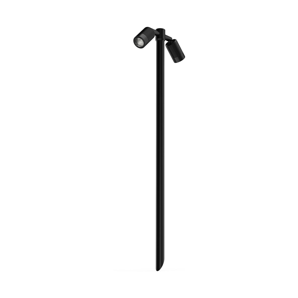 LuxR Modux 4 twin pole light in black powder coat with two ribbed adjustable heads on a slim ground spike pole