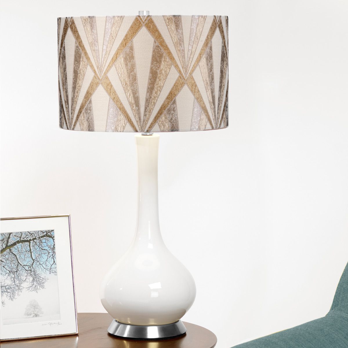 Elstead Milo 1 Light Table Lamp - White, Polished Nickel & Silver