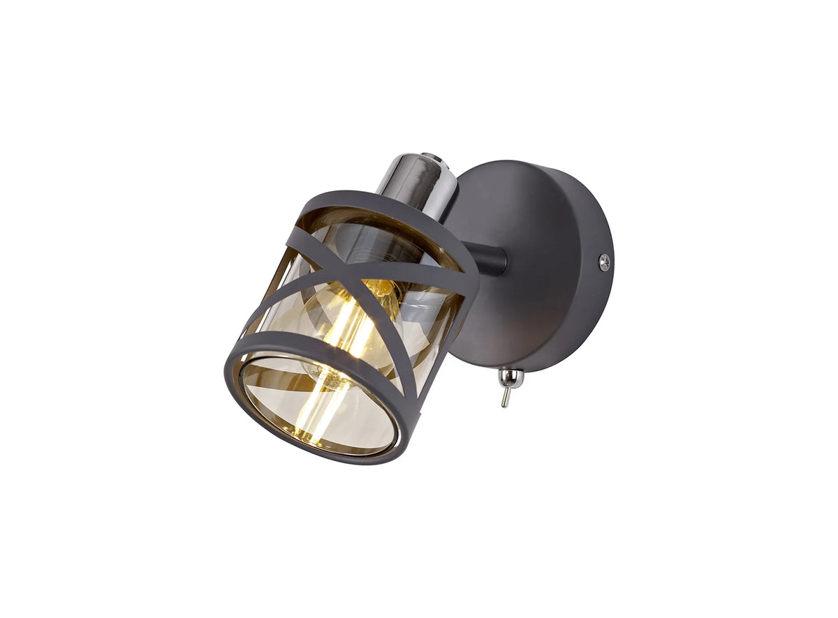 Fabula Leaden matt grey wall spotlight with crossed frame, cognac glass cylinder and chrome switch, lit, on white
