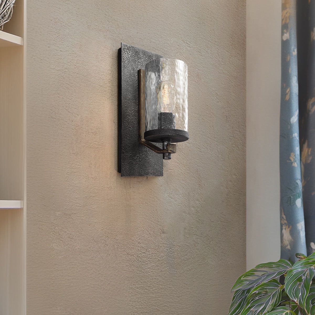 Quintiesse Angelo Single Wall Light - Distressed Weathered Oak & Slate Grey Metal