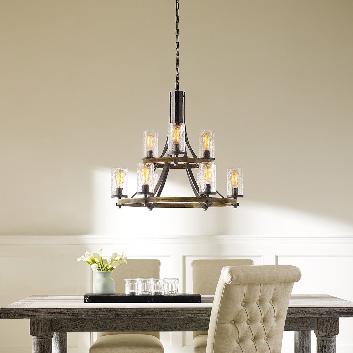 Quintiesse Angelo 9 Light Chandelier - Distressed Weathered Oak & Slate Grey Metal