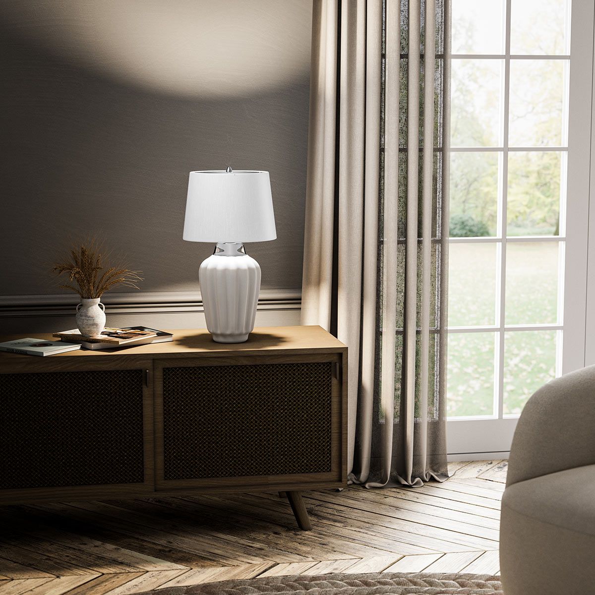 Quintiesse Bexley Single Table Lamp - White & Polished Nickel