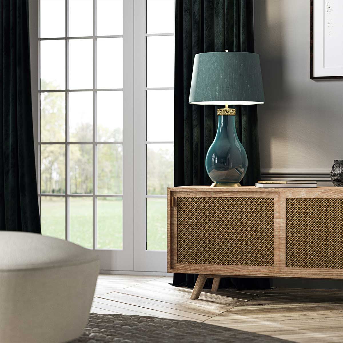 Quintiesse Havering Single Table Lamp - Azure-Turquoise with Aged Brass