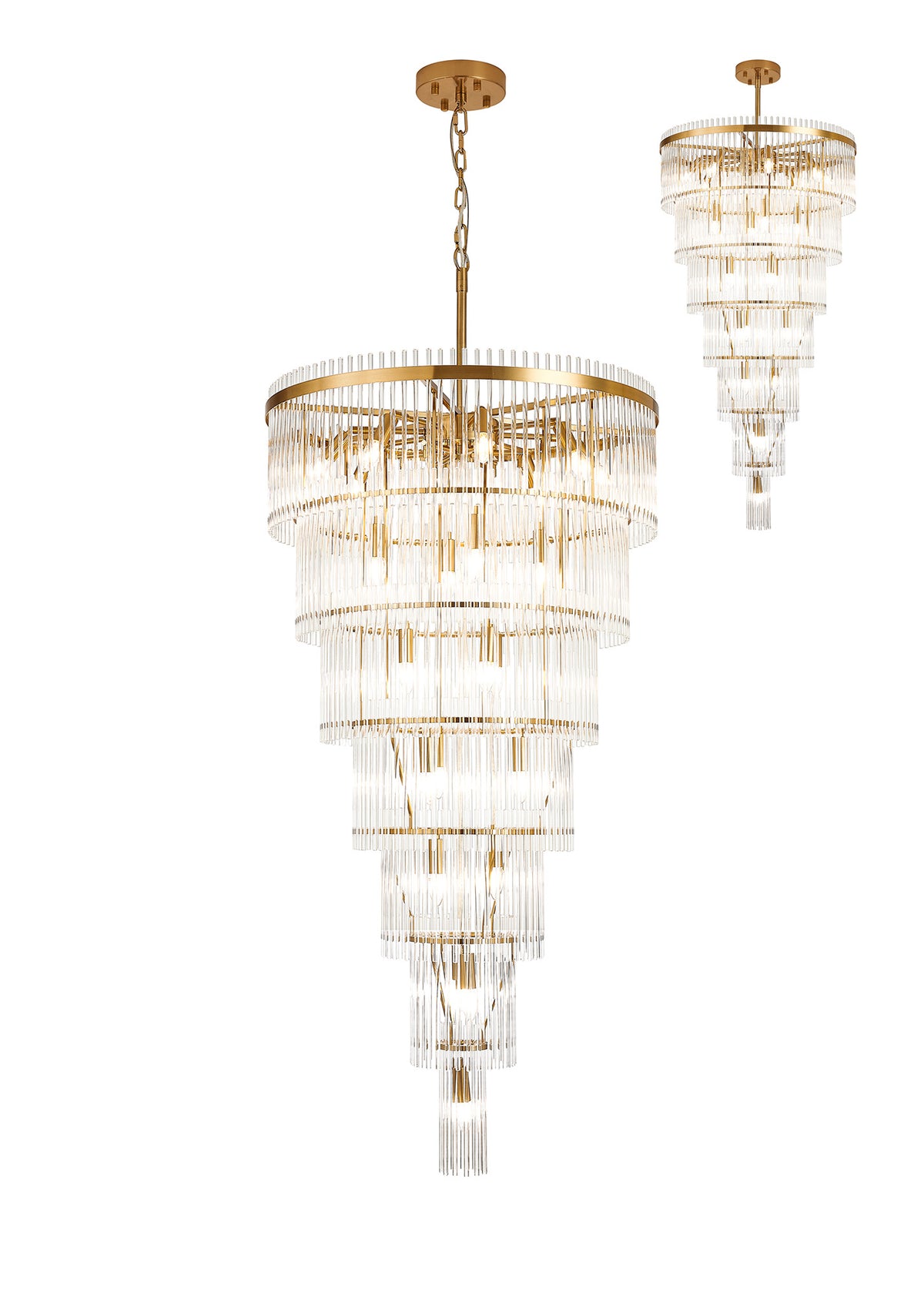 Fabula Robin /Fixed 23 Light E14 Pendant Light – 77 cm – Brass Gold & Clear Glass Rods 77 cm