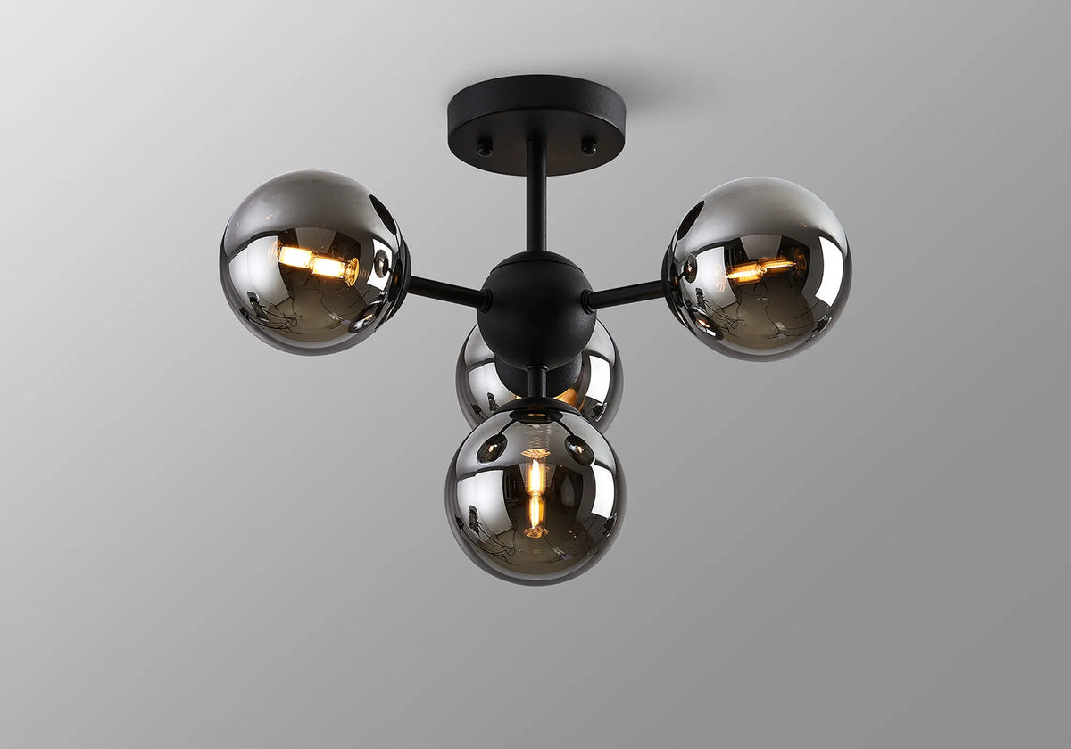 Fabula Deacon Semi-Flush Multi 4 Arm Ceiling Light - Satin Black & Chrome Plated Glass