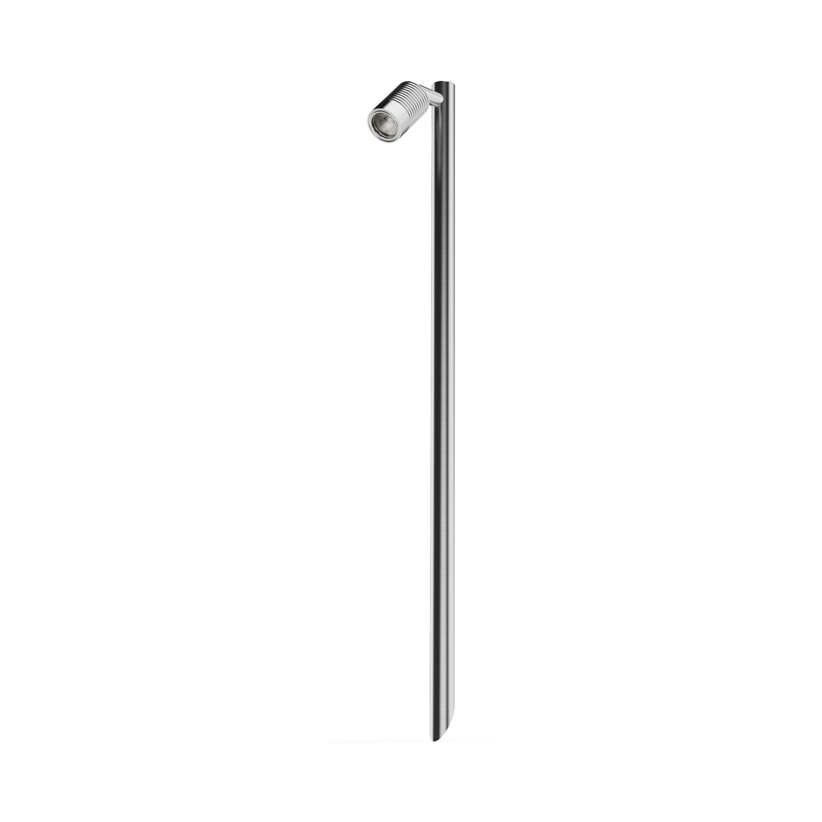LuxR Modux 4 single pole light in stainless steel, a slim pole with one ribbed spot head on a short side arm at the top