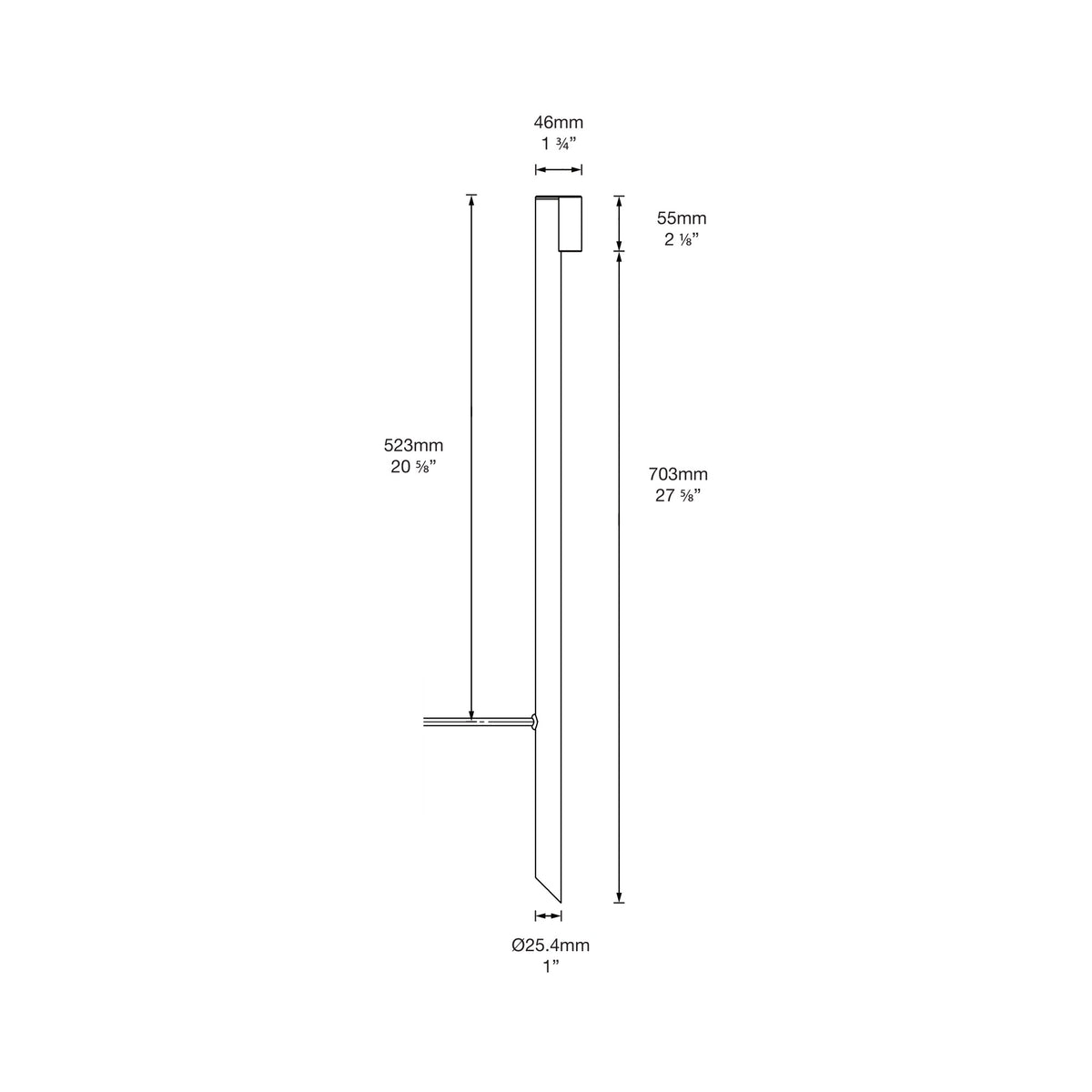 Dimension drawing of the LuxR Modux 1 Vale pole light: 46mm wide across the top, lamp housing 55mm high, pole 25.4mm in diameter, 703mm from the bottom of the lamp housing to the tip, cable exit 523mm from the top