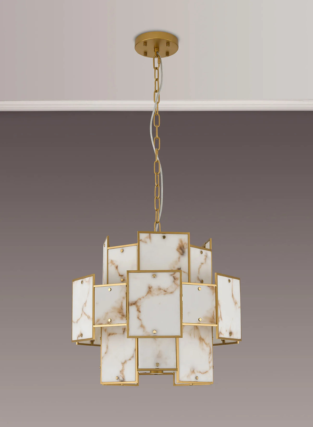 Fabula Wells Round /Semi Flush Faux Alabaster Pendant Light – Gold & Brown