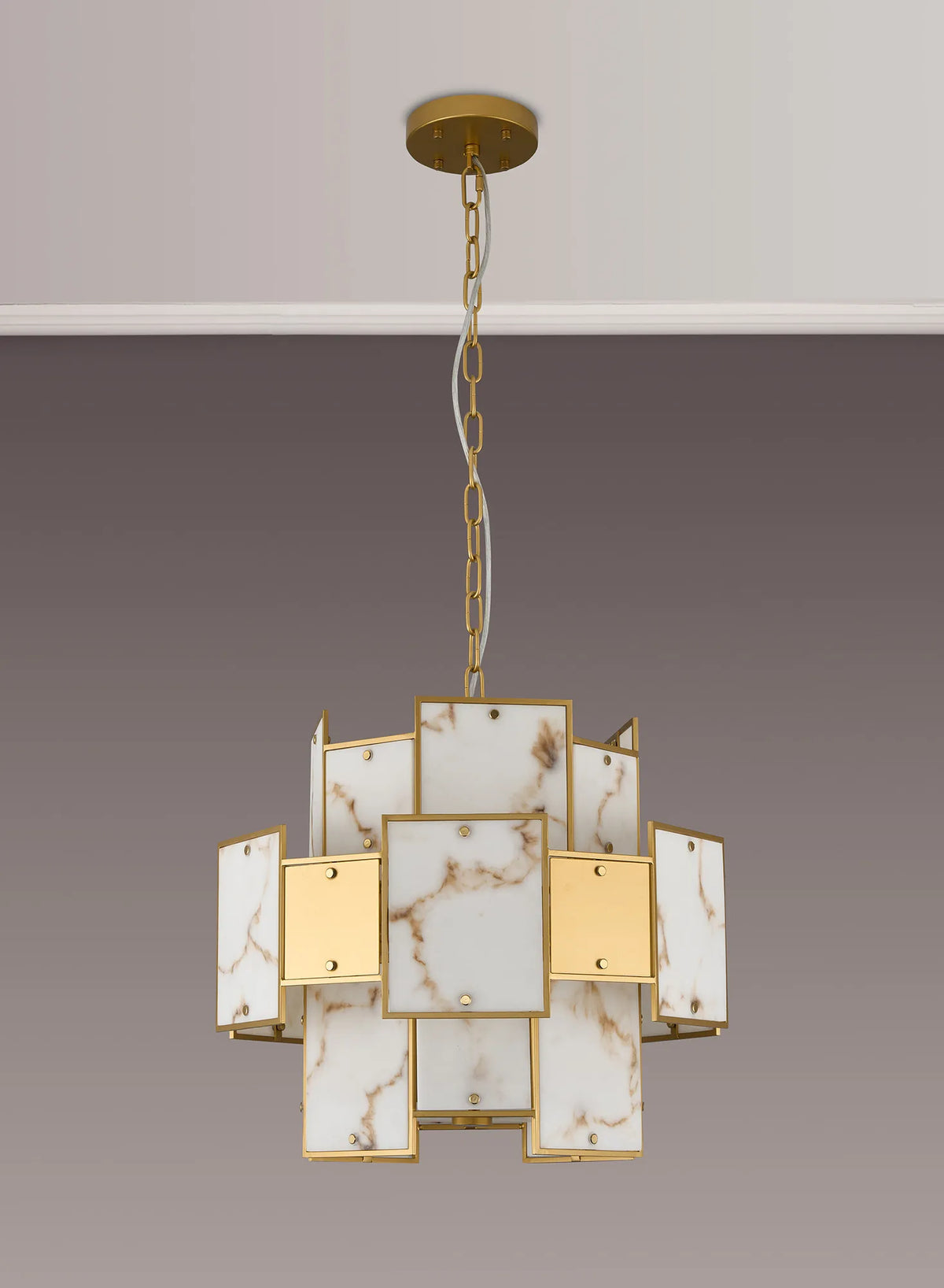Fabula Wells Round /Semi Flush Faux Alabaster & Metal Pendant Light – Gold & Brown