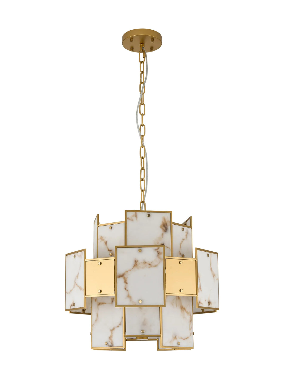 Fabula Wells Round /Semi Flush Faux Alabaster & Metal Pendant Light – Gold & Brown