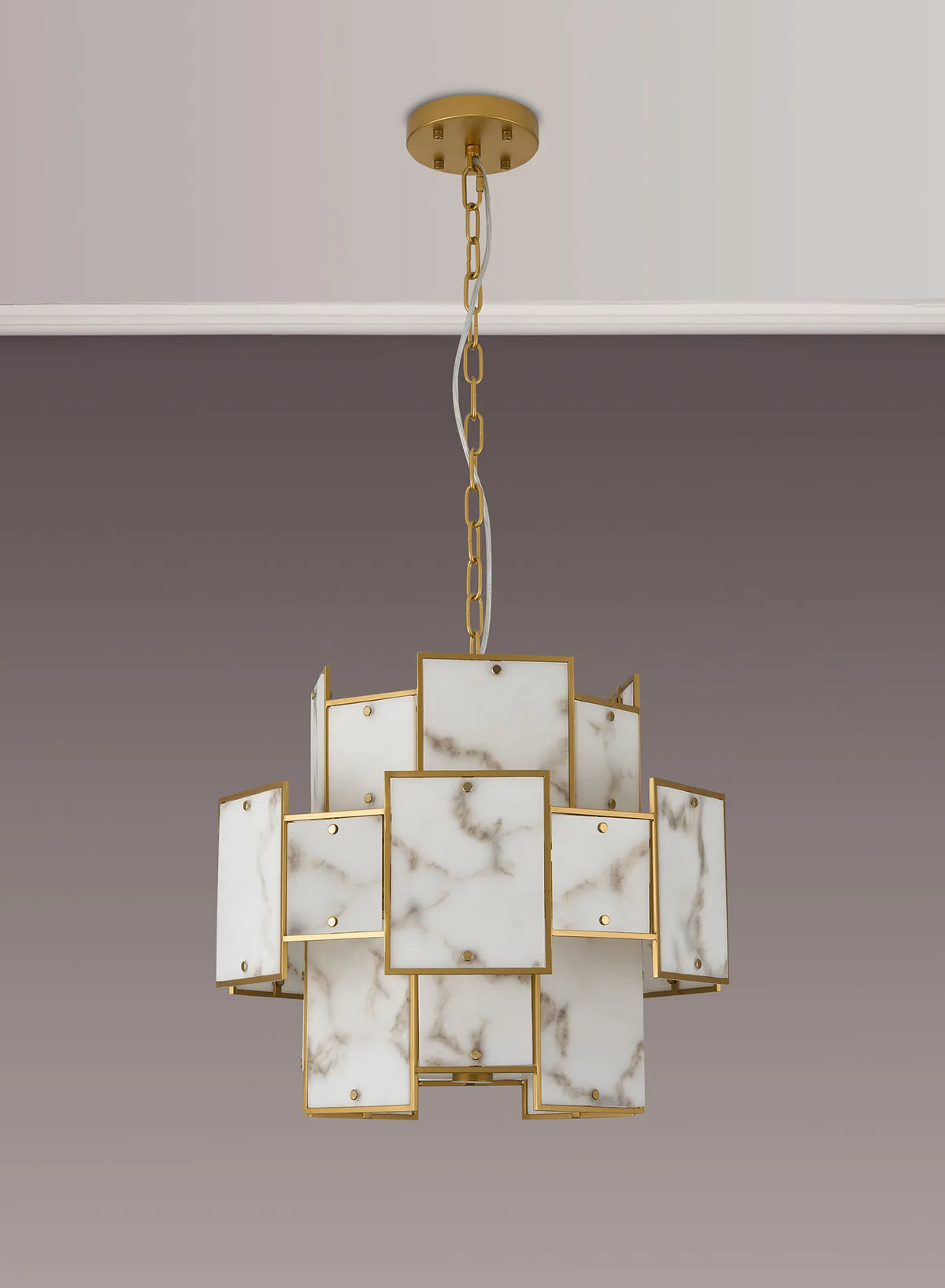 Fabula Wells Round /Semi Flush Faux Alabaster Pendant Light – Gold & Grey